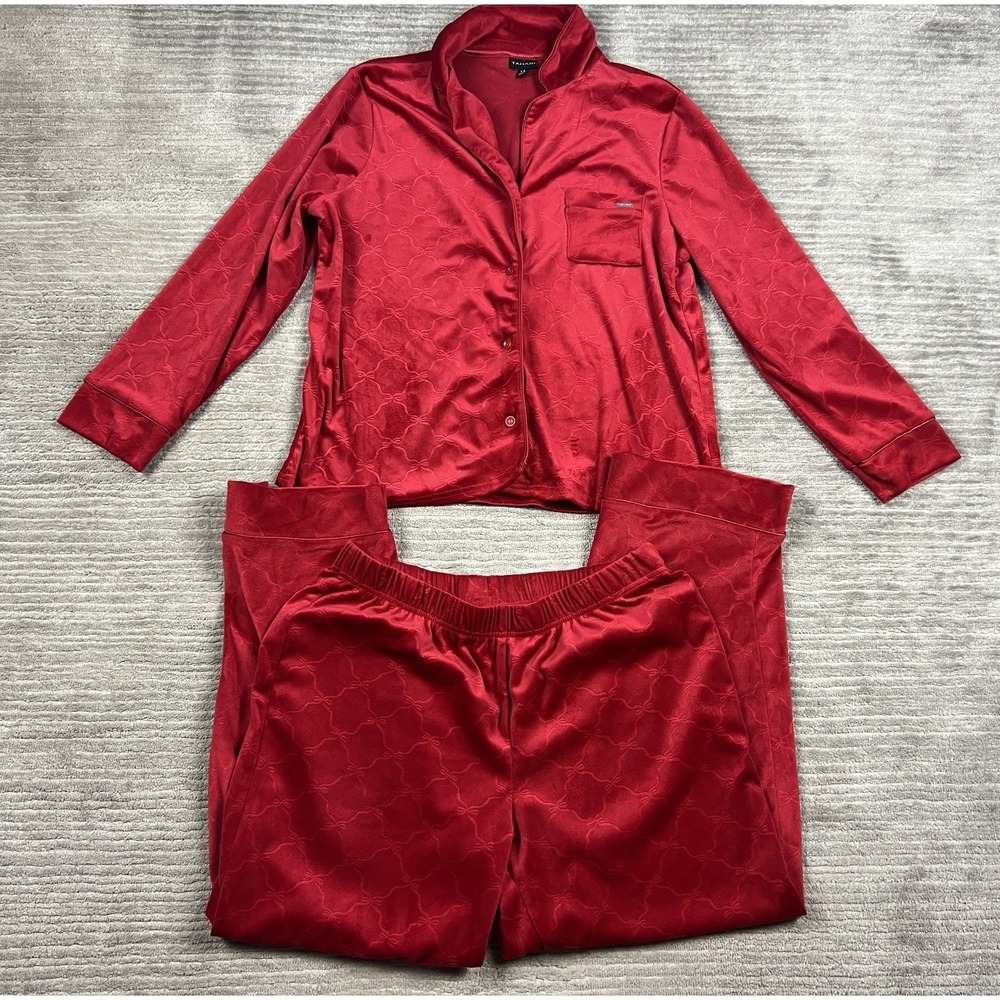 Tahari Pajama Set Womens Large Red Jacquard Soft Cozy Longsleeve‎ Button Up